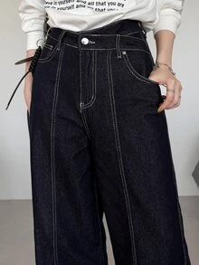 FRIFUL Women's Fashion Versatile Button Pocket Loose Denim Jeans Streetwear Fall - Blue - View 1