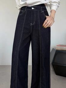 FRIFUL Women's Fashion Versatile Button Pocket Loose Denim Jeans Streetwear Fall - Blue - View 5