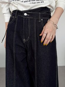 FRIFUL Women's Fashion Versatile Button Pocket Loose Denim Jeans Streetwear Fall - Blue - View 6