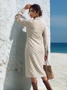Faunlyn Women's Autumn Casual French Elegant Black Polka Dot Print Front Button Mid-Length Dress Fall Dresses For Women Winter Dress Brunch Tea Party - Multicolor - View 2