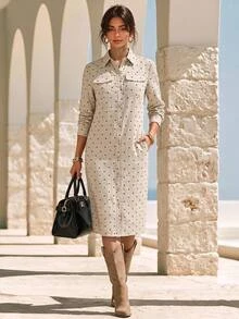 Faunlyn Women's Autumn Casual French Elegant Black Polka Dot Print Front Button Mid-Length Dress Fall Dresses For Women Winter Dress Brunch Tea Party - Multicolor - View 1