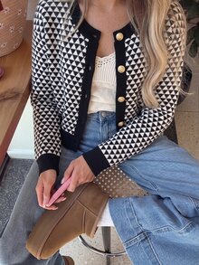 SHEIN 女款圓領金屬鈕扣幾何圖案長袖針織開襟衫 辦公早午餐穿搭 黑白配色 秋季法式優雅 - 黑與白 - 查看 4