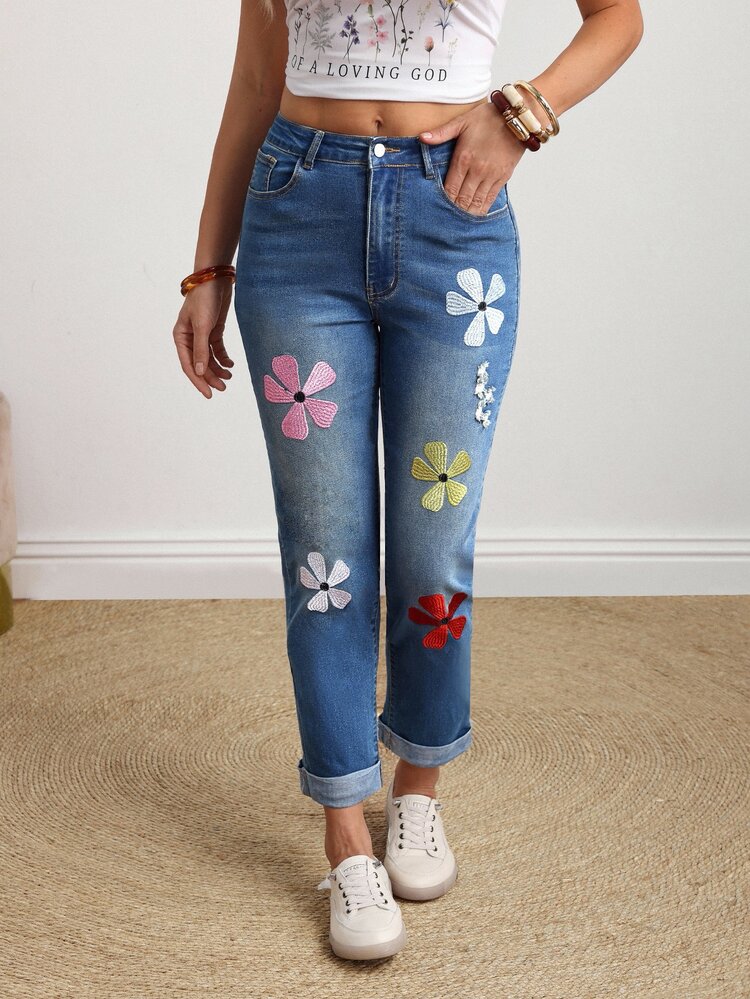 EMERY ROSE Plus Size Women's Floral Embroidered Pocket Fitted Casual Kawaii Jeans Formal Brunch Royal Blue Winter - Blue - View 8