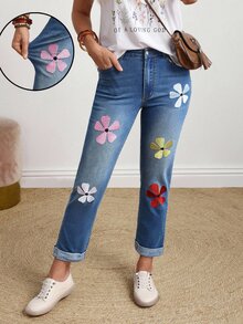 EMERY ROSE 大尺碼女款花卉刺繡口袋修身休閒牛仔褲 - 藍色 - 查看 3