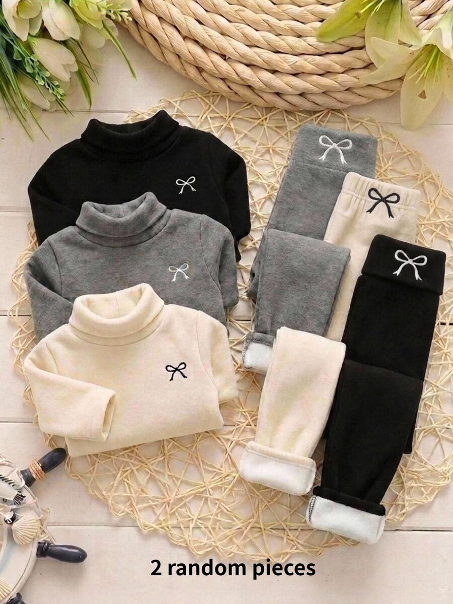 LMoss Kids Baby Girl Knit Solid Color Embroidered Bow Pattern 2pcs Bottoms Set Winter - Multicolor - View 1