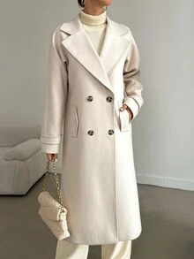 SHEIN Plus Size Women Casual Apricot Solid Color Lapel Neck Double Breasted Long Sleeve Long Length Button Detailed Overcoat - Apricot - View 8