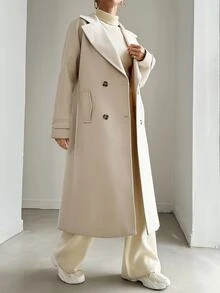 SHEIN Plus Size Women Casual Apricot Solid Color Lapel Neck Double Breasted Long Sleeve Long Length Button Detailed Overcoat - Apricot - View 4