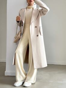 SHEIN Plus Size Women Casual Apricot Solid Color Lapel Neck Double Breasted Long Sleeve Long Length Button Detailed Overcoat - Apricot - View 7