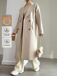 SHEIN Plus Size Women Casual Apricot Solid Color Lapel Neck Double Breasted Long Sleeve Long Length Button Detailed Overcoat - Apricot - View 1