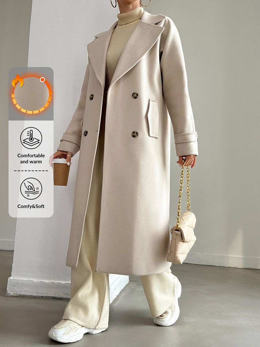 SHEIN Plus Size Women Casual Apricot Solid Color Lapel Neck Double Breasted Long Sleeve Long Length Button Detailed Overcoat - Apricot - View 1