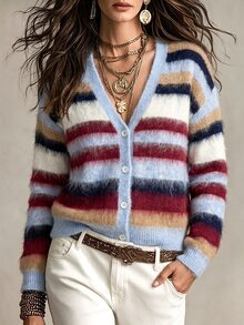 SHEIN PariChic 秋冬氛圍對比色淺藍條紋V領針織女款開襟衫休閒法式2000年代復古70年代復古秋季早午餐 - 彩色 - 查看 4