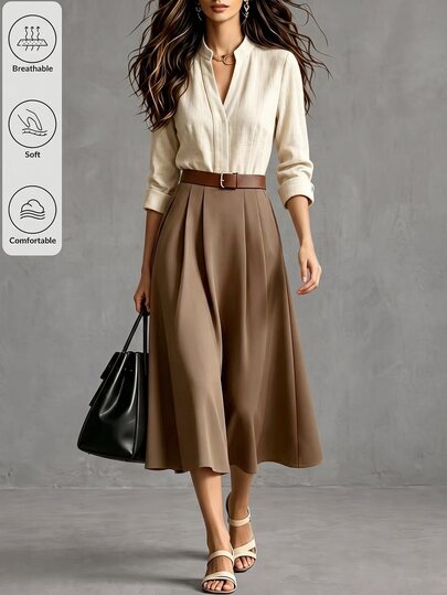 Qadelle Women's Mid-Length Dress, Apricot Faux Linen Textured Stand Collar Long Sleeve, No Belt, Elastic Waist A-Line Skirt, Elegant Workplace Casual Daily Wear