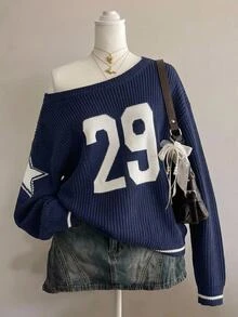SHEIN Girlism 青少年女孩休閒數位提花針織秋季毛衣，極簡時尚返校穿搭，長袖，秋季上衣，毛衣，冬季，運動風 - 藏蓝色 - 查看 4