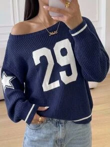 SHEIN Girlism 青少年女孩休閒數位提花針織秋季毛衣，極簡時尚返校穿搭，長袖，秋季上衣，毛衣，冬季，運動風 - 藏蓝色 - 查看 1