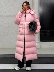 Rafferiza Hooded Pocket And Zipper Detailed Long Winter Coats - وردي فاتح - مشاهدة 5