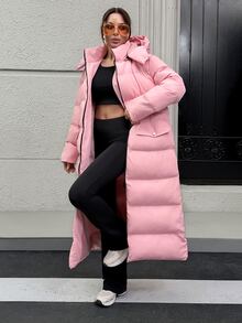 Rafferiza Hooded Pocket And Zipper Detailed Long Winter Coats - وردي فاتح - مشاهدة 4