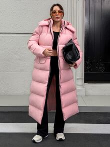 Rafferiza Hooded Pocket And Zipper Detailed Long Winter Coats - وردي فاتح - مشاهدة 3
