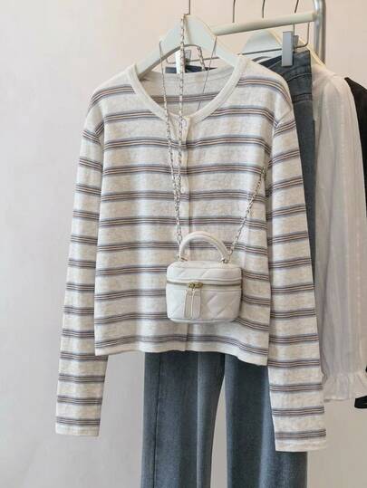 Muvela Women's Autumn Casual French Striped Thin Cardigan Brunch Blue And White