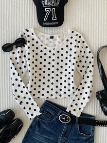 Comfortcana Casual Women's Polka Dot Round Neck Daily Wear T-Shirt - White - View 3