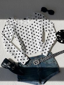 Comfortcana Casual Women's Polka Dot Round Neck Daily Wear T-Shirt - White - View 1