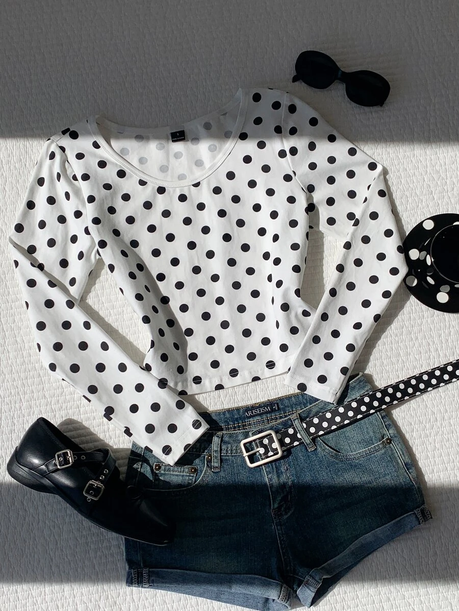 Comfortcana Casual Women's Polka Dot Round Neck Daily Wear T-Shirt - White - View 1