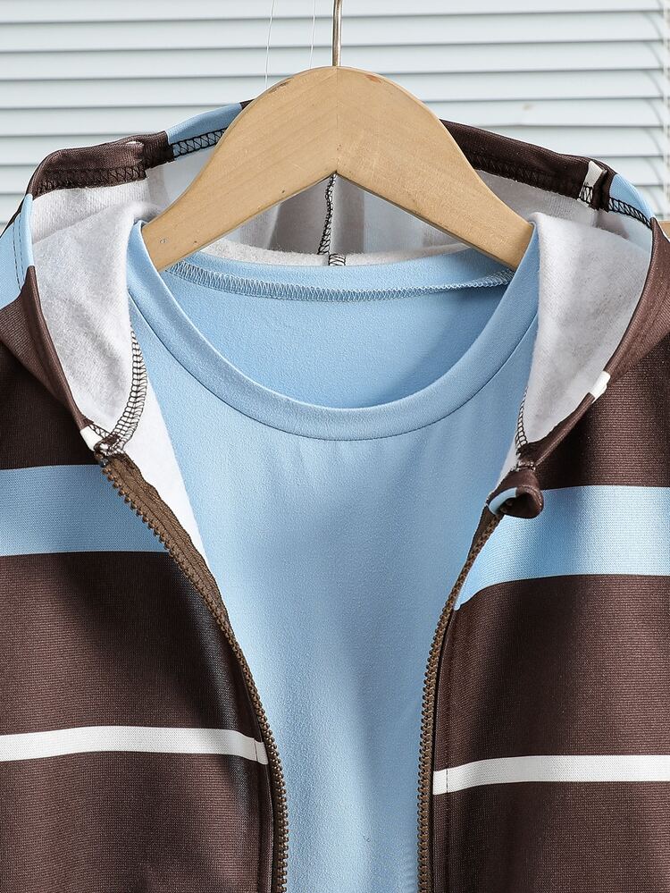 SHEIN 3pcs/Set Tween Girls' Casual College Minimalist Short Sleeve T-Shirt & Zip-Up Hooded Sweatshirt & Brown Flare Pants, Suitable For School, Outings, Walking And Travel - Brown - View 10