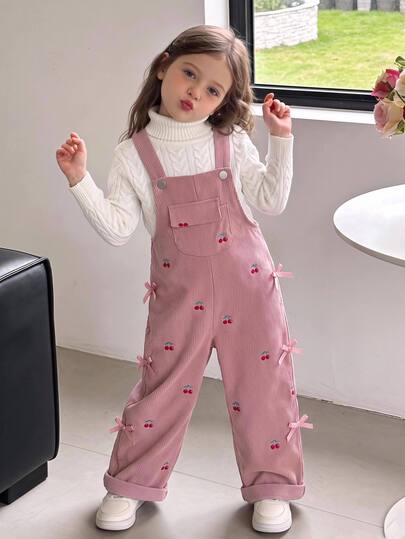 SHEIN Playful Pals Toddler Girls Corduroy Wide Strap Sleeveless Pocket Button Embroidery Long Overall Loose Fit Romper Birthday Party Back To School Fall Pink
