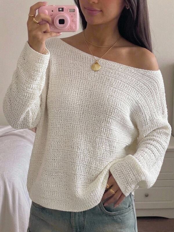 Girlism Atasan Sweater Rajut Tebal Longgar Model Off-Shoulder Warna Beige untuk Remaja Perempuan, Serbaguna untuk Perjalanan Sehari-hari dan Kembali ke Sekolah