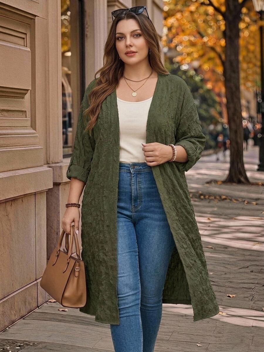 Rosumi Plus Size Solid Color Long Vacation Casual Coat Summer Spring Country Style For Women Fall - Army Green - View 1