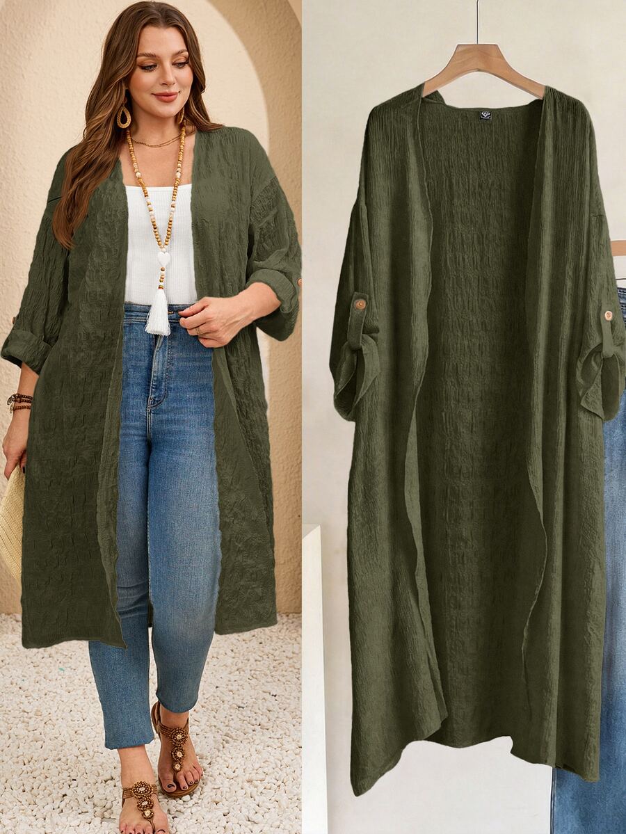 EMERY ROSE Plus Size Solid Color Long Vacation Casual Elegant Baggy Western Smart Gothic Coat Fall Country Style For Women Office Business Formal Olive Green - Army Green - View 1