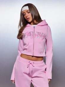 Missguided x Playboy هودي قصير بسحاب كامل مع طباعة شعار مرصع بالراينستون وجيب مركزي مقسوم وأكمام طويلة ملابس علوية كاجوال للربيع والصيف - وردي - مشاهدة 4