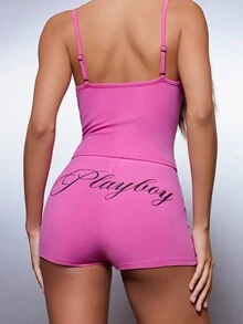 Missguided x Playboy Celana Pendek Seksi dengan Logo Tulisan, Celana Pendek Mini, Pinggang Elastis, Pas Badan, Kasual, Musim Panas, Festival, Pesta, Malam Hari - Hot Pink - View 1