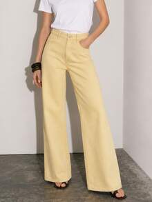 Zerodot Women Yellow Denim Wide Leg High Waist Jeans Casual Daily Fall Pre Fall - Light Yellow - View 2