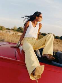 Zerodot Women Yellow Denim Wide Leg High Waist Jeans Casual Daily Fall Pre Fall - Light Yellow - View 1
