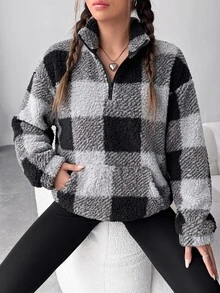 SHEIN EZwear 女款百搭拉鍊半開襟格紋口袋運動衫 - 黑色 - 查看 4