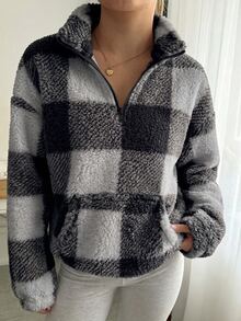 SHEIN EZwear 女款百搭拉鍊半開襟格紋口袋運動衫 - 黑色 - 查看 6