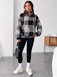 SHEIN EZwear 女款百搭拉鍊半開襟格紋口袋運動衫 - 黑色 - 查看 8
