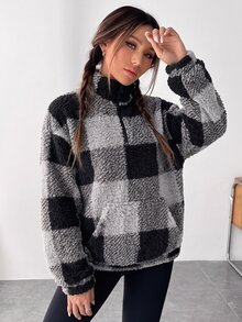 SHEIN EZwear 女款百搭拉鍊半開襟格紋口袋運動衫 - 黑色 - 查看 3