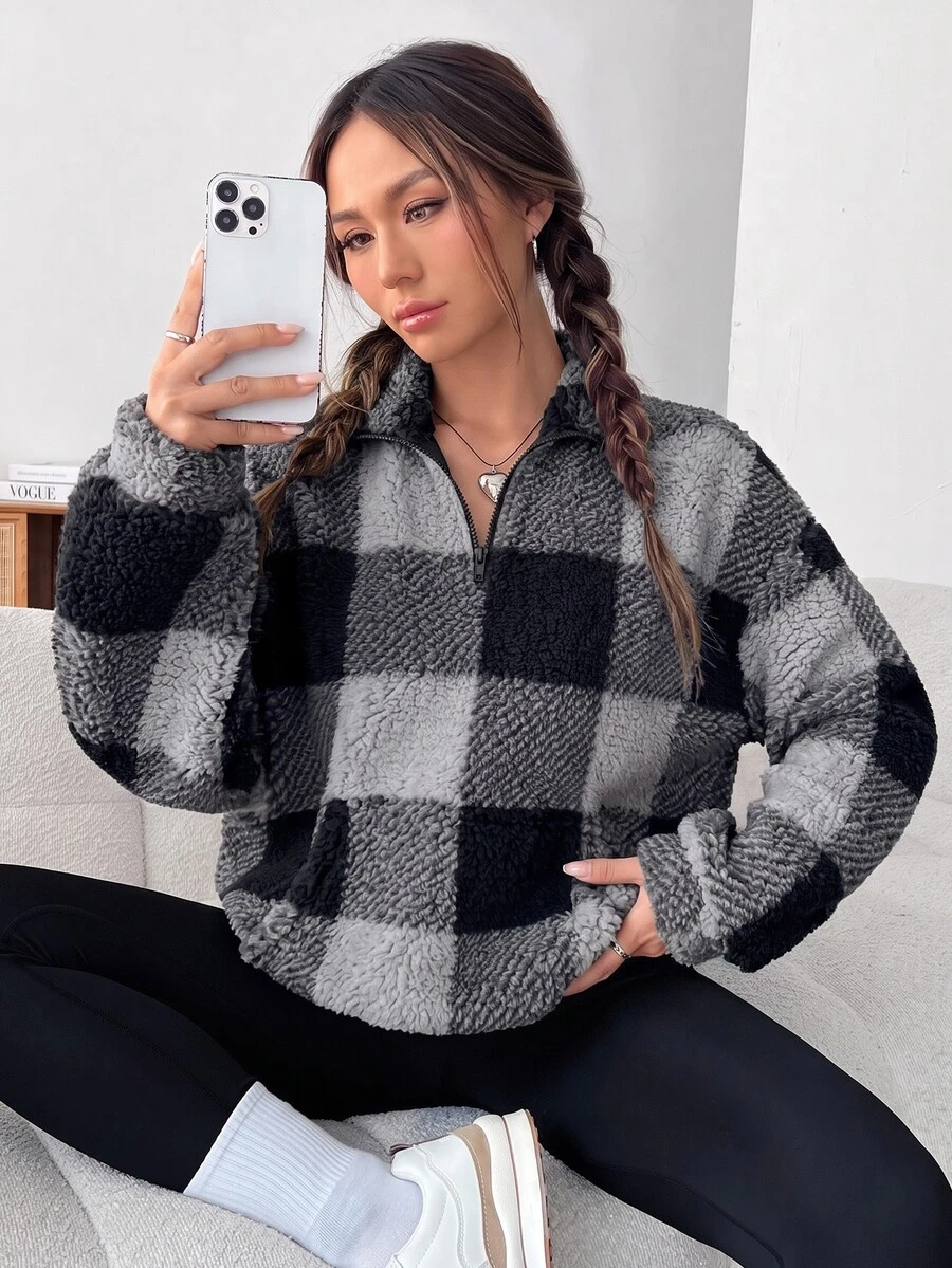 SHEIN EZwear 女款百搭拉鍊半開襟格紋口袋運動衫 - 黑色 - 查看 1