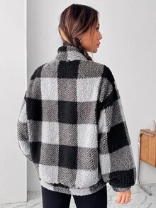 SHEIN EZwear 女款百搭拉鍊半開襟格紋口袋運動衫 - 黑色 - 查看 2