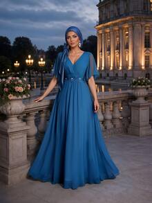 Auveirra Light Blue Plus Size Lace 3D Floral Spring/Summer Shiny Curve Dress For Wedding Dinner Evening Formal Banquet Cocktail Party Graduation Birthday - Teal Blue - View 3