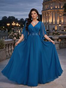 Auveirra Light Blue Plus Size Lace 3D Floral Spring/Summer Shiny Curve Dress For Wedding Dinner Evening Formal Banquet Cocktail Party Graduation Birthday - Teal Blue - View 8