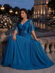 Auveirra Light Blue Plus Size Lace 3D Floral Spring/Summer Shiny Curve Dress For Wedding Dinner Evening Formal Banquet Cocktail Party Graduation Birthday - Teal Blue - View 4