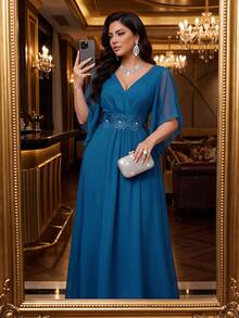 Auveirra Light Blue Plus Size Lace 3D Floral Spring/Summer Shiny Curve Dress For Wedding Dinner Evening Formal Banquet Cocktail Party Graduation Birthday - Teal Blue - View 5