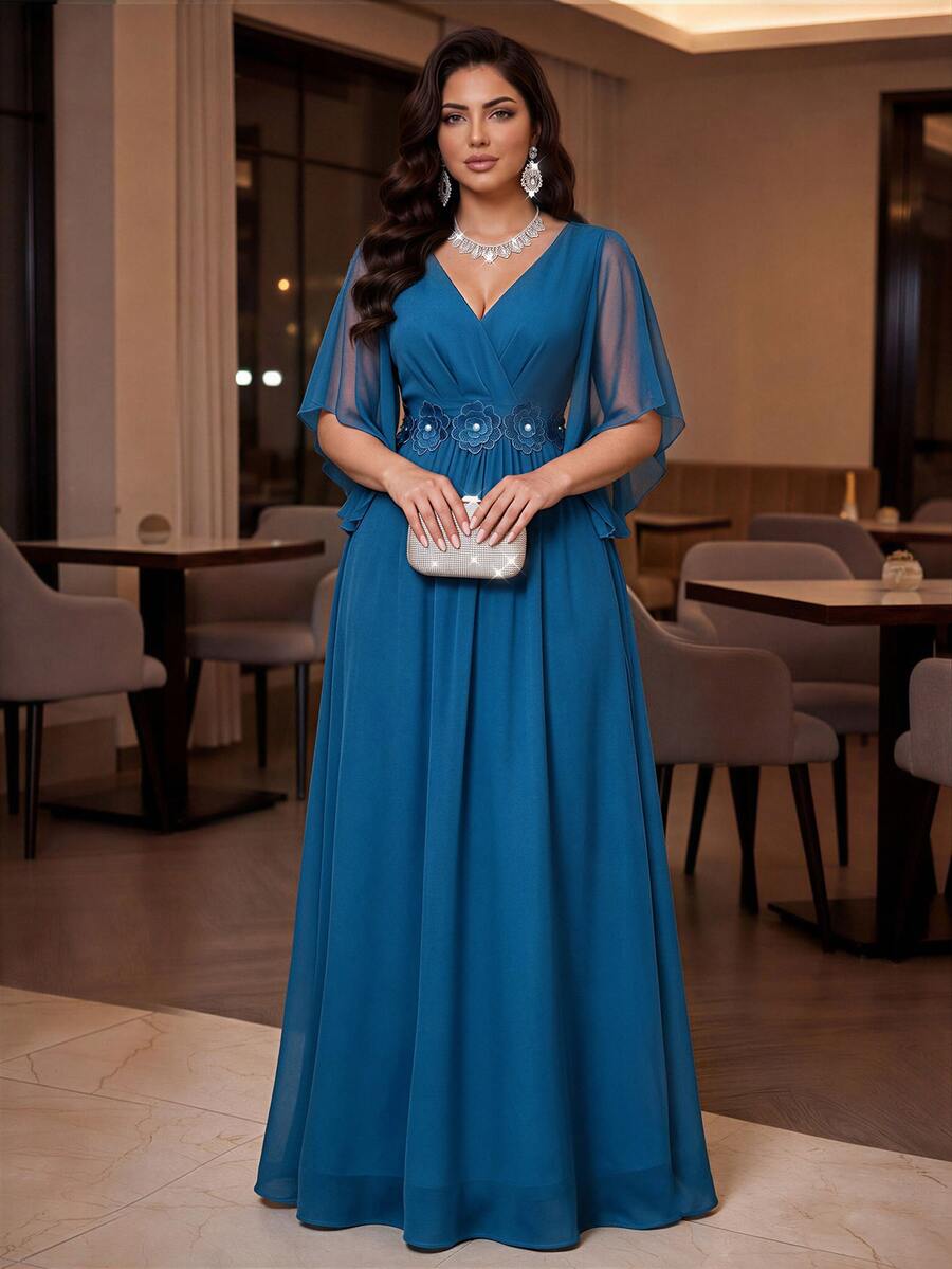 Auveirra Light Blue Plus Size Lace 3D Floral Spring/Summer Shiny Curve Dress For Wedding Dinner Evening Formal Banquet Cocktail Party Graduation Birthday - Teal Blue - View 1