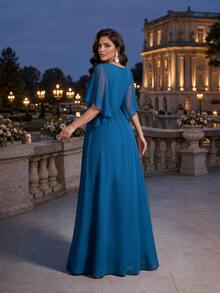 Auveirra Light Blue Plus Size Lace 3D Floral Spring/Summer Shiny Curve Dress For Wedding Dinner Evening Formal Banquet Cocktail Party Graduation Birthday - Teal Blue - View 2