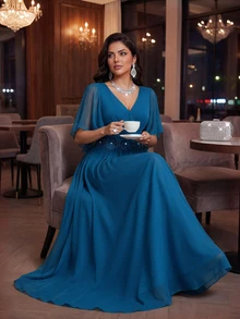 Auveirra Light Blue Plus Size Lace 3D Floral Spring/Summer Shiny Curve Dress For Wedding Dinner Evening Formal Banquet Cocktail Party Graduation Birthday - Teal Blue - View 6