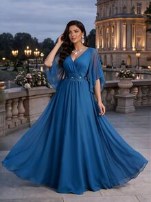Auveirra Light Blue Plus Size Lace 3D Floral Spring/Summer Shiny Curve Dress For Wedding Dinner Evening Formal Banquet Cocktail Party Graduation Birthday - Teal Blue - View 9