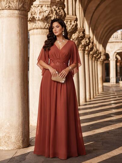 Fleurora Vestido Marrón Talla Grande Encaje Flores 3D Primavera Verano Brillante Curvilíneo Boda Formal Bautizo Invitada/Noche/Banquete/Cóctel Elegante