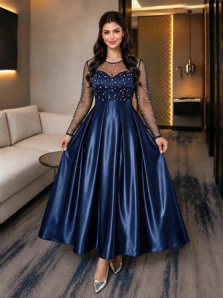 Auveirra Plus Size Formal Mesh Patchwork Dress Wedding Cocktail Navy Blue Autumn Elegant Birthday Luxury Evening Occasion Fall - Navy Blue - View 9